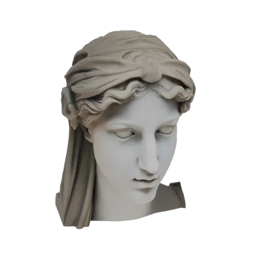 3D модель классического бюста женщины с детализированным тюрбаном, рендер в нейтральном сером тоне.