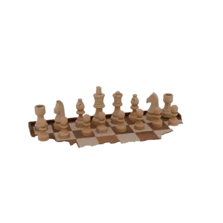 A 3D render of a classic wooden chess set with all pieces arranged on a checkered board.