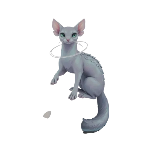 3D модель мистического кота Сфинкса со светящимися зелеными глазами, бледным телом, переливающимися чешуйками на спине и клуб