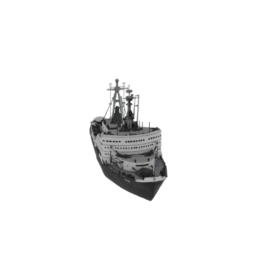 Серое 3D-изображение винтажного ледокола под небольшим углом сверху, демонстрирующее детализированную палубу и корпус.