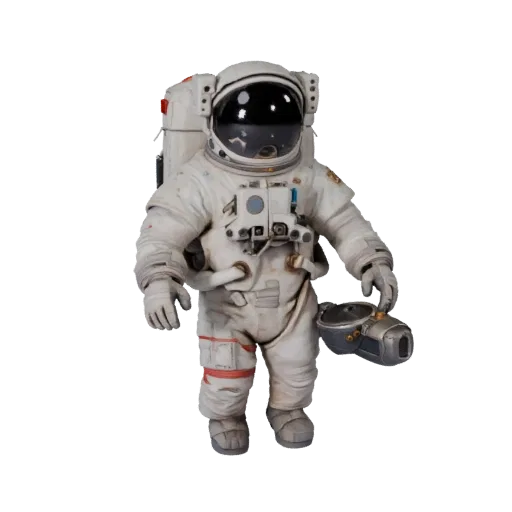 Реалистичная 3D модель скафандра, рендер в студии с трех четвертей, с светящимися полосами, четкий силуэт объекта.