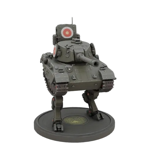 3D-модель темно-оливкового военного танка с двумя механическими ногами и мишенью на спине, в динамичной позе на круглой подст