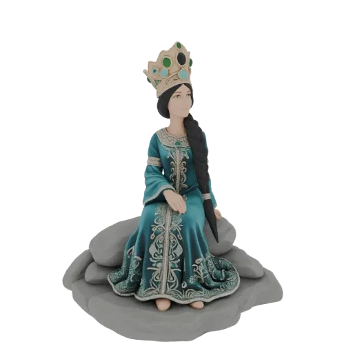 3D модель королевы с темными заплетенными волосами, в бирюзовом платье с серебряной вышивкой и короной, сидящей на серых камн