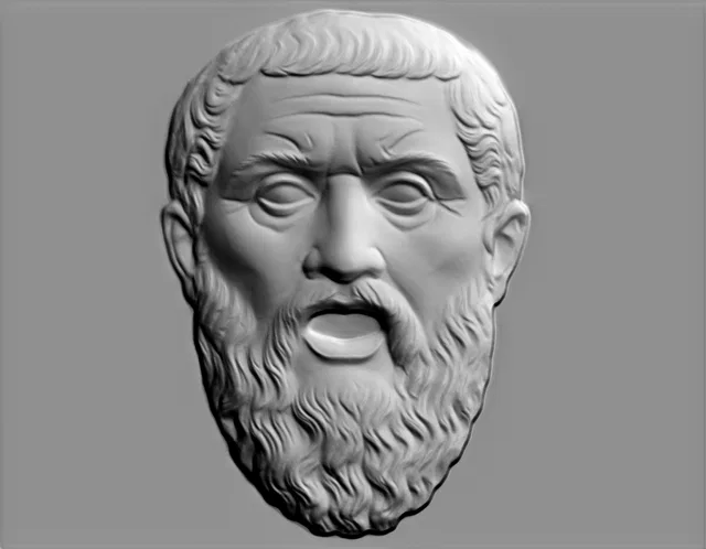 3D модель барельефа древнегреческого философа с бородой, выразительным лицом и открытым ртом, выполненная в классическом стил