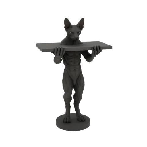 3D модель мускурного сфинкса с человеческой анатомией, стоящего и держащего плоскую полку.