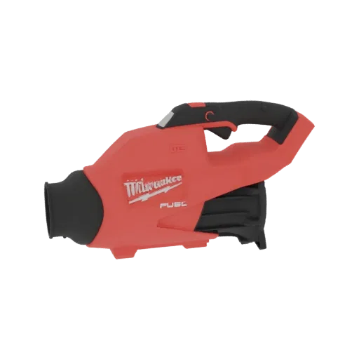Вид сбоку 3D модели красно-черной компактной воздуходувки Milwaukee M12 FUEL, показывающий брендинг и дизайн.