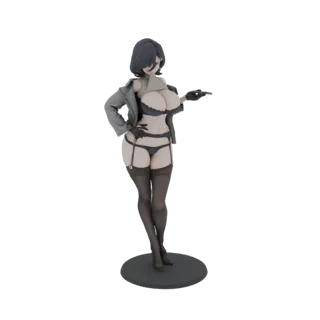 3D модель женщины в сером деловом костюме поверх черного нижнего белья, стоящей на круглой подставке.