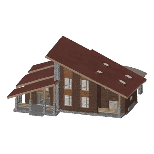 3D модель современного деревянного дома с коричневой отделкой и выразительной многоуровневой красной крышей, с окнами и крыто