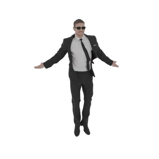 3D-модель мужчины в черном костюме и солнцезащитных очках, запечатленного в прыжке с вытянутыми руками.