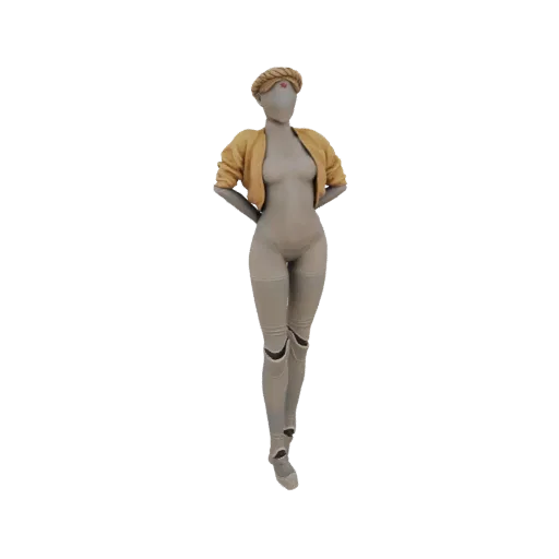 3D модель женского манекена в желтой укороченной куртке и серых леггинсах с узором, руки за спиной.