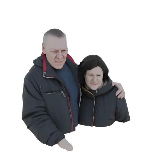 3D модель мужчины и женщины в зимних пальто, мужчина обнимает женщину.