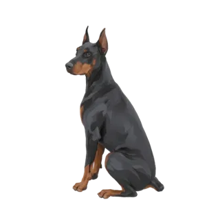 Реалистичная 3D модель черно-подпалого Добермана, сидящего внимательно, вид сбоку.