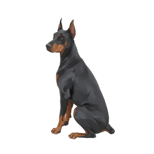 Реалистичная 3D модель черно-подпалого Добермана, сидящего внимательно, вид сбоку.
