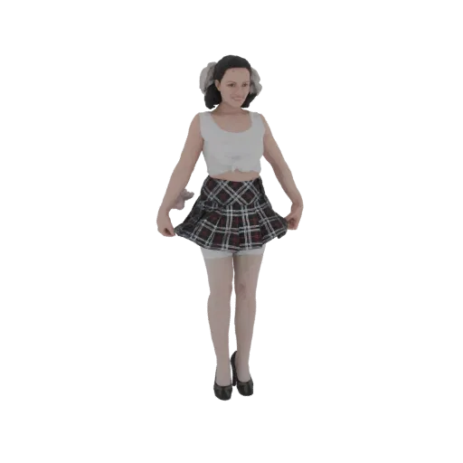 Рендер 3D модели школьницы в юбке в клетку и белом кроп-топе, с хвостиками.