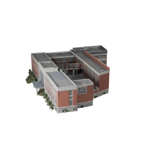 Высокополигональная 3D модель здания школы, вид крупным планом архитектурного рендера, показывающий материалы общедоступного