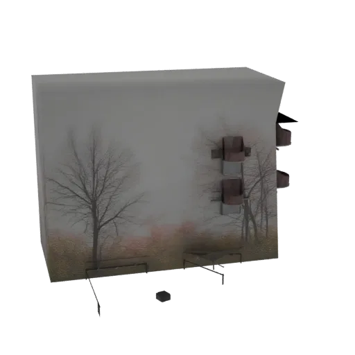 3D модель туманного осеннего парка с голыми деревьями, скамейками и опавшими листьями, с атмосферным туманом.