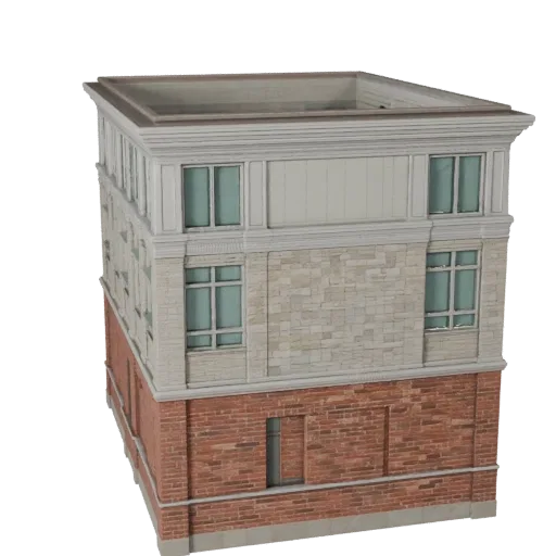 Модульный комплект фасада, реалистичная 3D модель, вид с трех четвертей снаружи, показывающий материалы модульного строительн