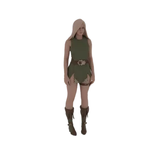 3D модель фэнтезийного эльфа-воина со светлыми волосами, в зеленой тунике, коричневом поясе и сапогах, стоящего на белом фоне