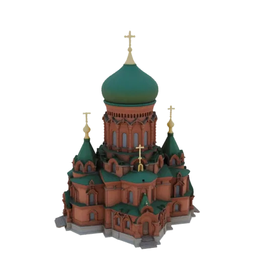 3D модель Храма Александра Невского в Кирове, выполненная в стиле классической русской архитектуры с зелеными куполами.