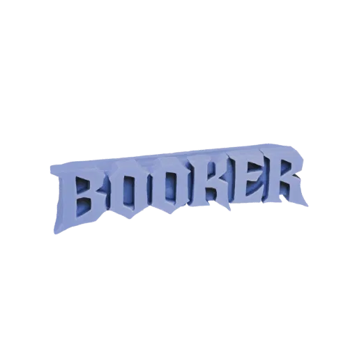 3D модель слова 'BOOKER' острым шрифтом в готическом стиле, выполненная в светло-голубом цвете на белом фоне.