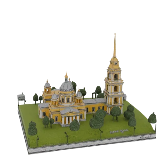 3D модель желтой церкви Санкт-Петербурга с высокой колокольней, окруженной зеленой травой и деревьями.
