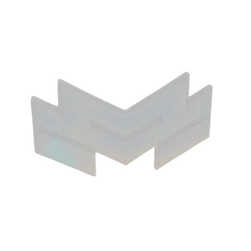 3D модель логотипа BKMC, белый геометрический шеврон с легким радужным блеском на черном фоне.
