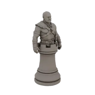 Рендер 3D-модели фигуры варвара, выполненной в виде шахматной ладьи, с мускулистым телосложением и племенной одеждой.