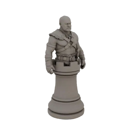 Рендер 3D-модели фигуры варвара, выполненной в виде шахматной ладьи, с мускулистым телосложением и племенной одеждой.