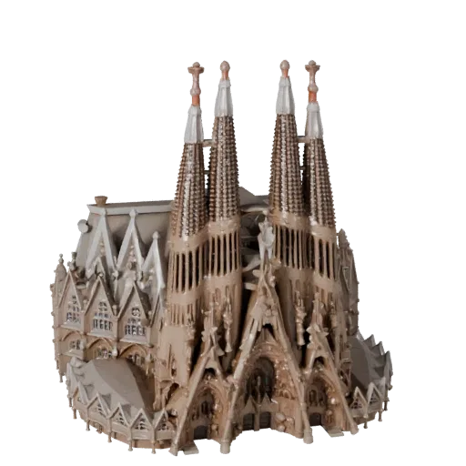 Реалистичная 3D модель Саграда Фамилия, вид с трех четвертей снаружи, показывающий материалы структуры достопримечательности