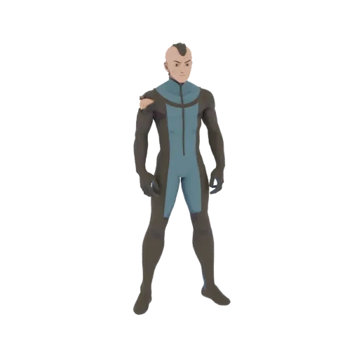 3D модель sci-fi персонажа с ирокезом, в темно-сером и синем футуристичном костюме, стоящего на белом фоне.