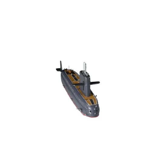 3D-модель подводной лодки, вид в три четверти в студии, готовый к анимации актив транспортного средства с формой корпуса, ком