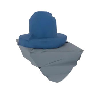 3D рендер парящего серого камня с острыми угловатыми плоскостями, увенчанный стилизованной низкополигональной синей шляпой.