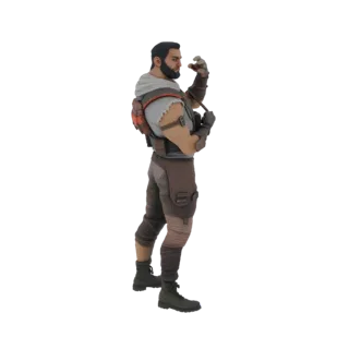 3D model of a tactical operative with a backpack, wearing a torn shirt and tactical vest, viewed from the side.