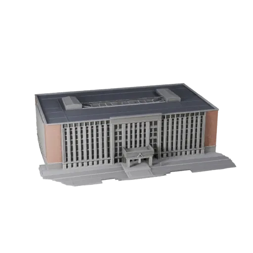 Реалистичная 3D модель электрической подстанции, вид в три четверти снаружи, показывающий промышленные строительные материалы
