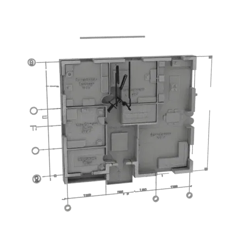 3D модель современного плана квартиры, вид сверху, с комнатами и мебелью.