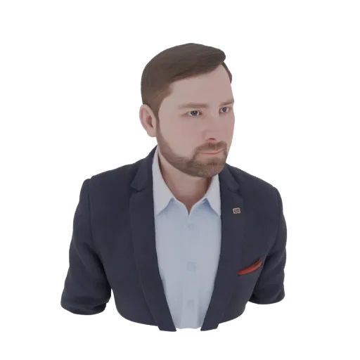 Рендер 3D модели бюста мужчины в синем костюме, белой рубашке и красном нагрудном платке, с короткими каштановыми волосами и