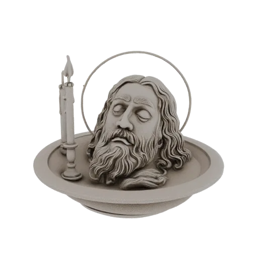 3D модель головы обезглавленного святого с нимбом и свечой, покоящаяся в сосуде, с текстурой камня.