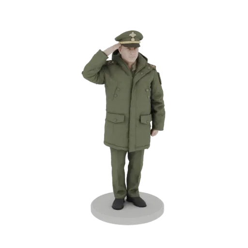 3D модель военного офицера в зеленой форме, стоящего по стойке смирно и отдающего честь.