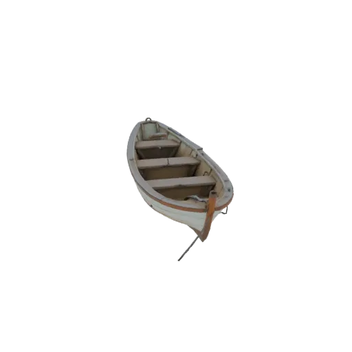 3D модель классической деревянной лодки с видимыми сиденьями и бело-коричневым корпусом, изолированная на белом фоне.
