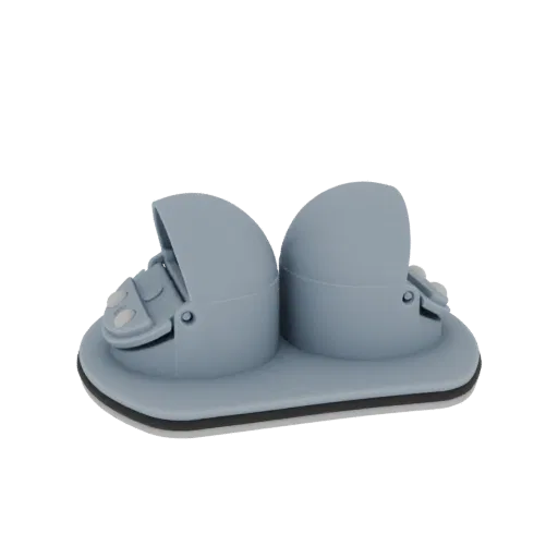 3D модель светло-голубой двойной коляски с двумя капюшонами и колесами на белом фоне.