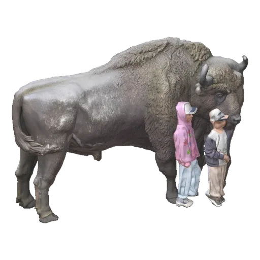 3D-модель большой, состаренной статуи бизона с двумя детьми рядом, демонстрирующая масштаб и детализацию.