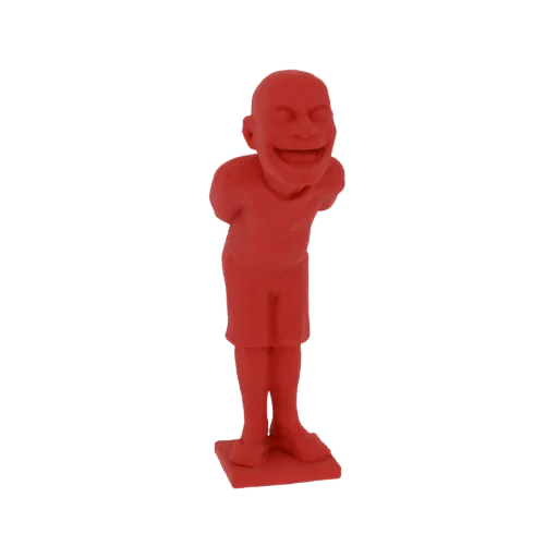 3D модель красно-окрашенного мультяшного мальчика с широким, радостным смехом, откинувшегося назад с руками за спиной.