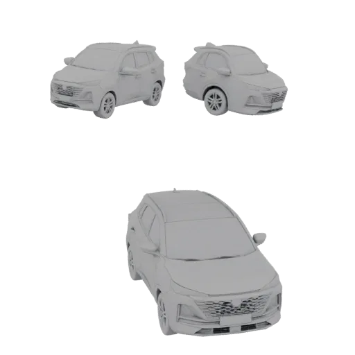 3D модель Changan CS55 Plus 2G SUV, показана с разных ракурсов на черном фоне.