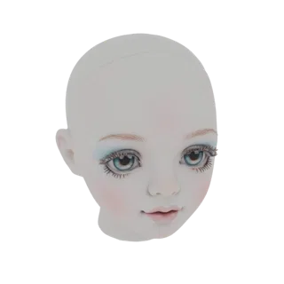 3D-рендер фарфоровой кукольной головы с большими голубыми глазами, нежным розовым румянцем на щеках и мягкими розовыми губами