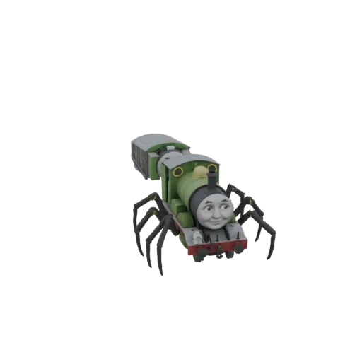 3D модель Перси-Паровозика с множеством паучьих лап на белом фоне.
