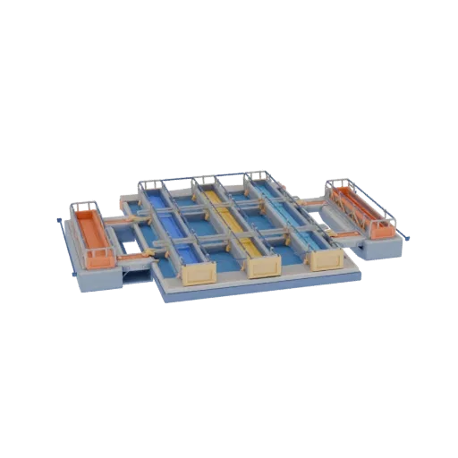 3D модель модульной промышленной платформы с синими и желтыми секциями, соединенными серыми швеллерами.