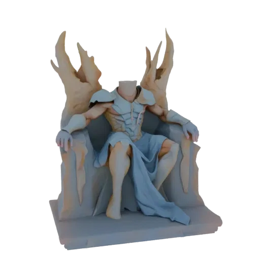 3D модель безголового воина в богато украшенных доспехах, сидящего на детализированном, зазубренном троне.