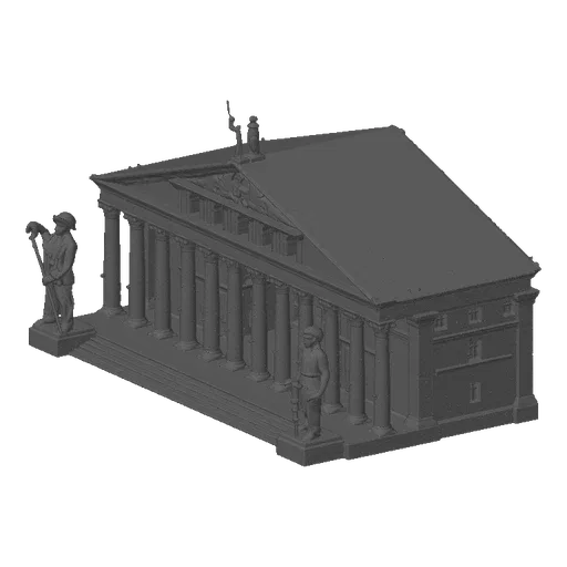 3D модель древнегреческого храма с колоннадой и двумя статуями на белом фоне.