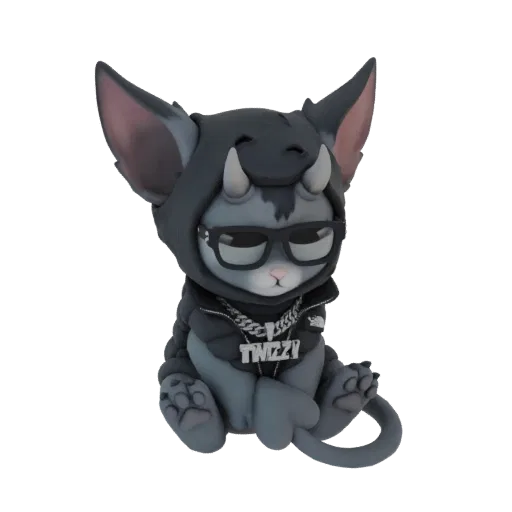3D модель чиби кота демона в черном худи, солнцезащитных очках и цепи 'TWIZZY', сидит, подобрав лапы.