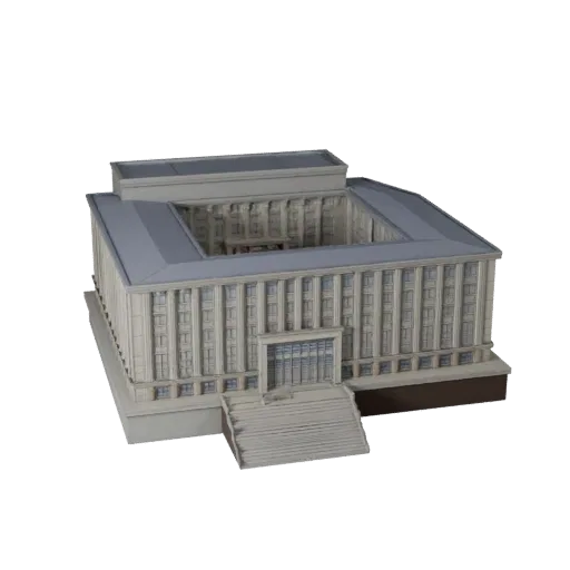 Печатная модель здания библиотеки STL 3D, изометрический вид, показывающий материалы общедоступного здания и архитектурные де